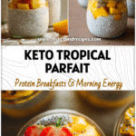 Coconut chia pudding parfait topped with tropical fruit and chia seeds served in clear jars.